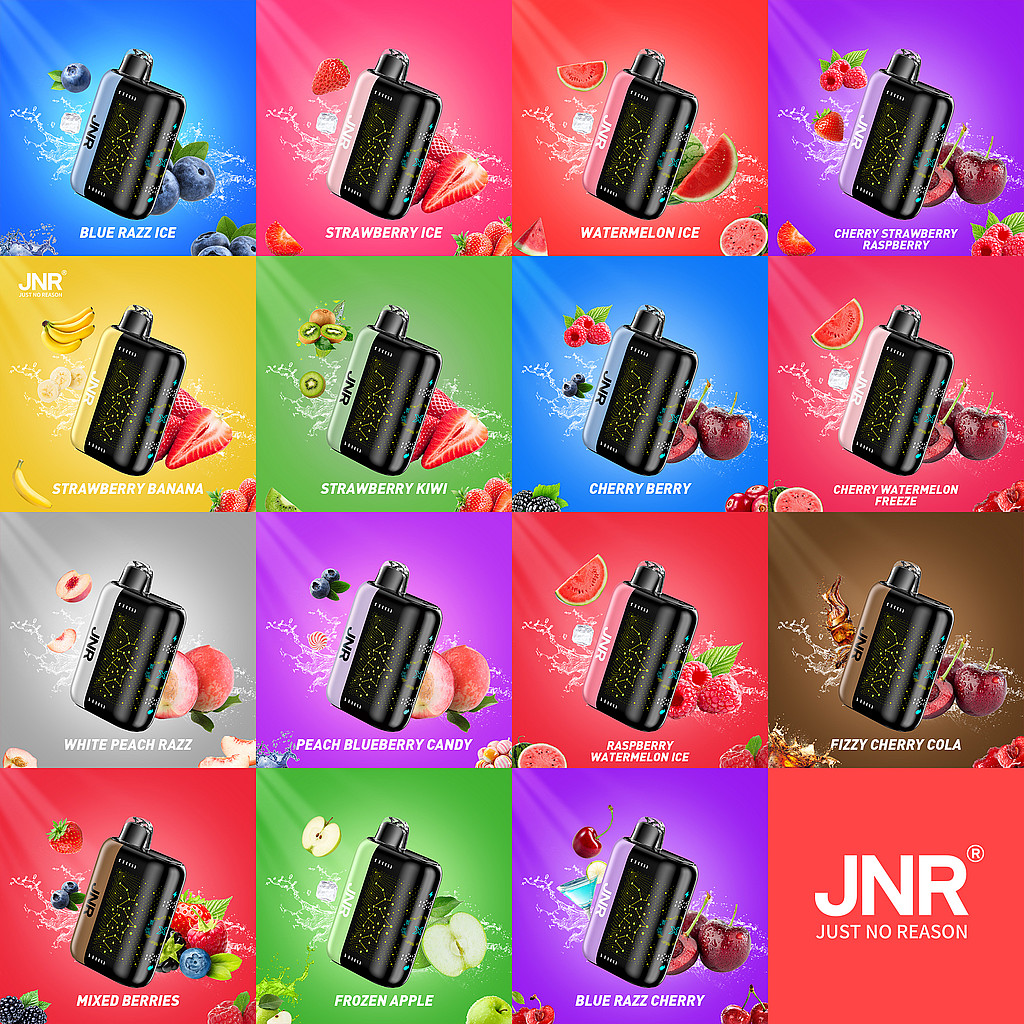 A grid of colorful vape products, each with unique flavors, including Blue Razz Ice, Strawberry Kiwi, and Fizzy Cherry Cola, set against vibrant backgrounds. The logo for "JNR" is displayed prominently in the bottom right corner.