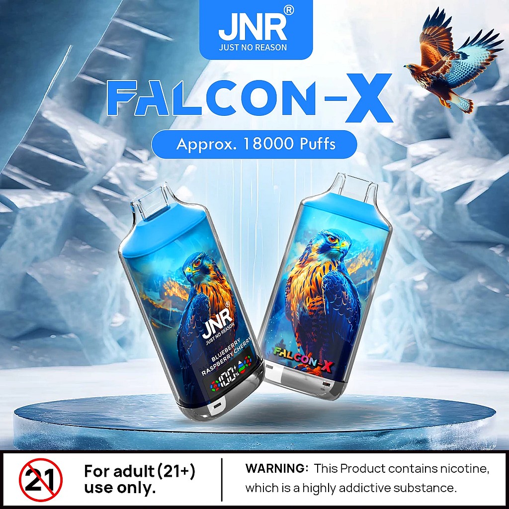 A promotional image featuring two e-cigarette devices labeled "FALCON-X" with a colorful design showcasing a falcon. The background is icy, and the text mentions "Approx. 18000 Puffs" and includes a warning for adult use only.
