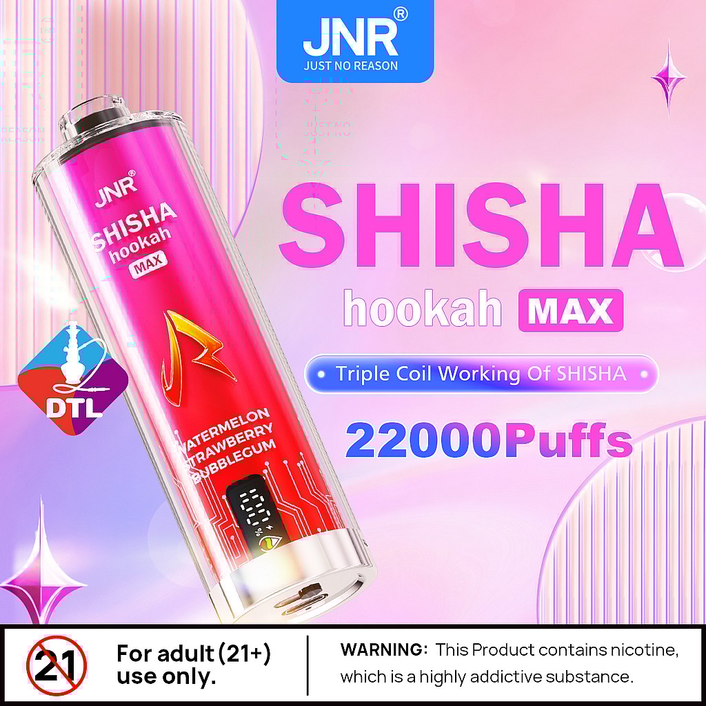 A promotional image for JNR's "SHISHA hookah MAX" product, featuring a vibrant pink and silver device designed for vaping. The text highlights features such as "Triple Coil Working of SHISHA" and "22000 Puffs," alongside flavors like "Watermelon, Strawberry, Bubblegum." A warning label indicates it's for adults aged 21 and over only.