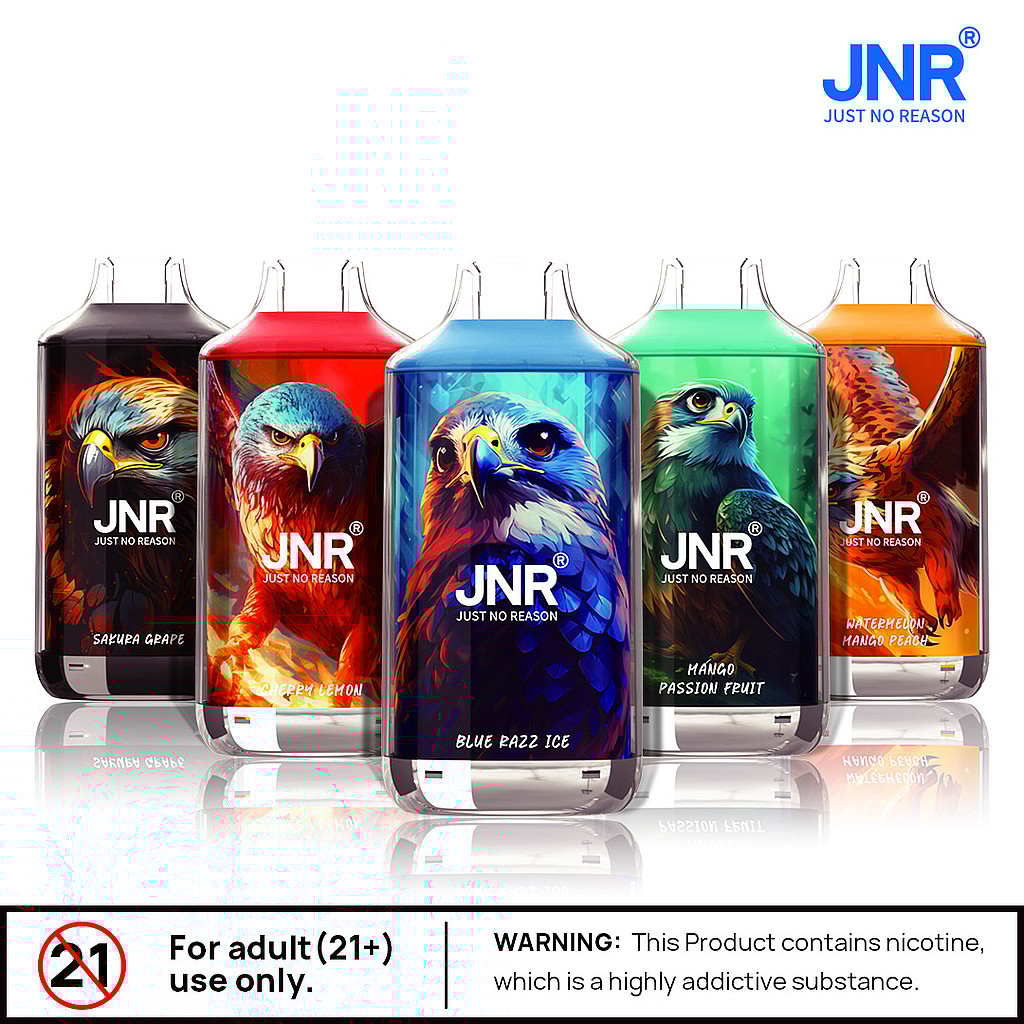 A display of five colorful vape cartridges featuring stylized eagle artwork, labeled with flavors: Sakura Grape, Cherry Lemon, Blue Razz Ice, Mango Passion Fruit, and Watermelon Mango Peach, with a warning for adult use and a nicotine caution.