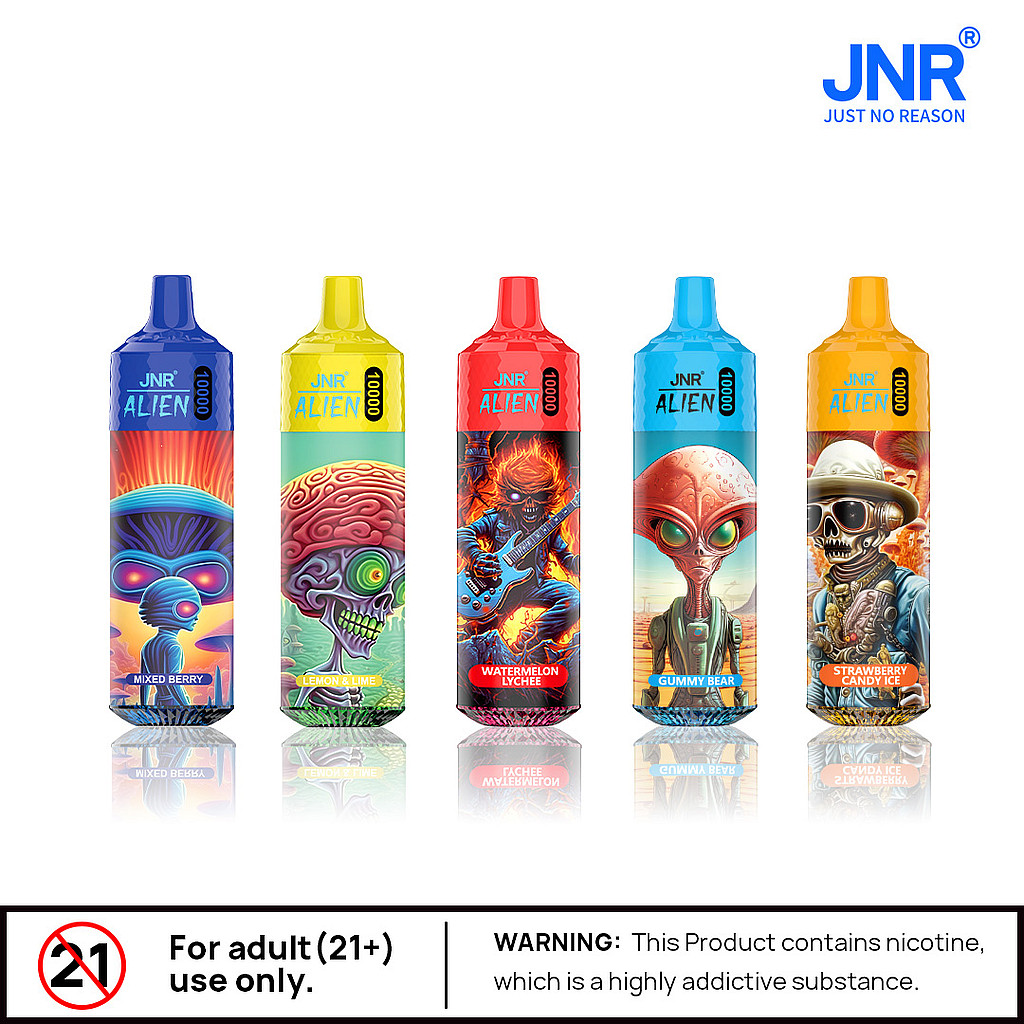 A lineup of five colorful JNR Alien 10000 vape devices with alien-themed designs, each labeled with a different flavor: Mixed Berry, Lemon Lime, Watermelon Lychee, Gummy Bear, and Strawberry Candy Ice, alongside a warning for adults 21+ and nicotine addiction risk.