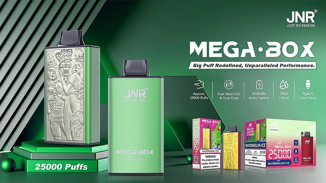 A green vaping device labeled "MEGA·BOX" with features listed, including 25,000 puffs, dual mesh coil, 850mAh battery, 30ml e-liquid, and Type-C charging, displayed alongside its packaging.