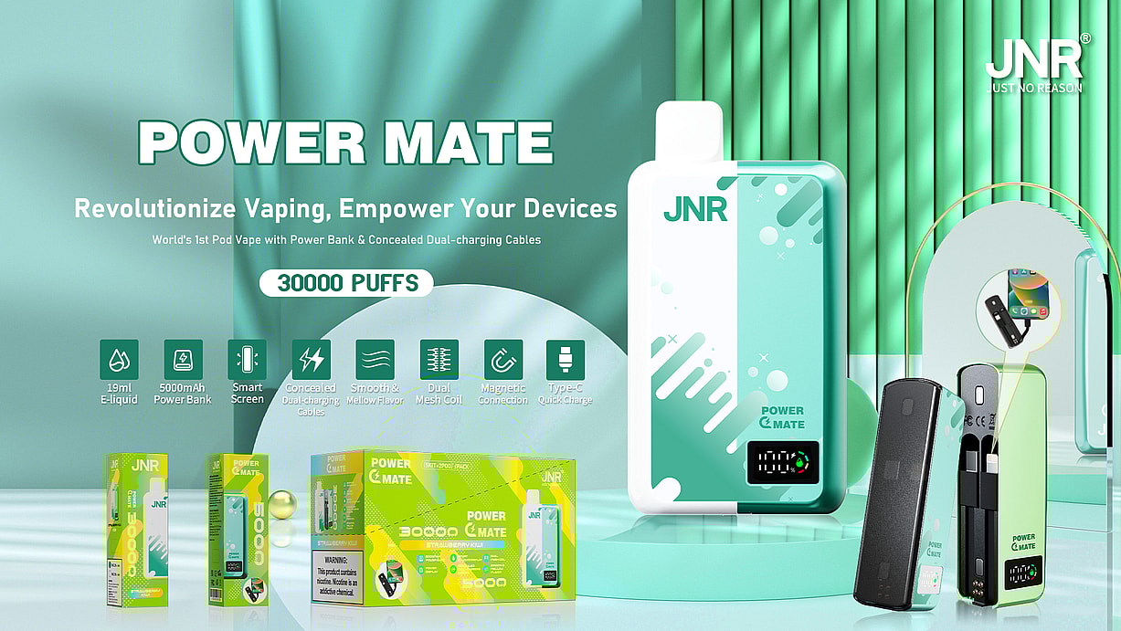 A promotional image showcasing the JNR Power Mate, a pod vape device with a 5000mAh power bank, concealed dual-charging cables, 19ml e-liquid capacity, 30,000 puffs, smart screen, dual mesh coil, magnetic connection, Type-C quick charge, and smooth flavor, displayed with packaging and product details.