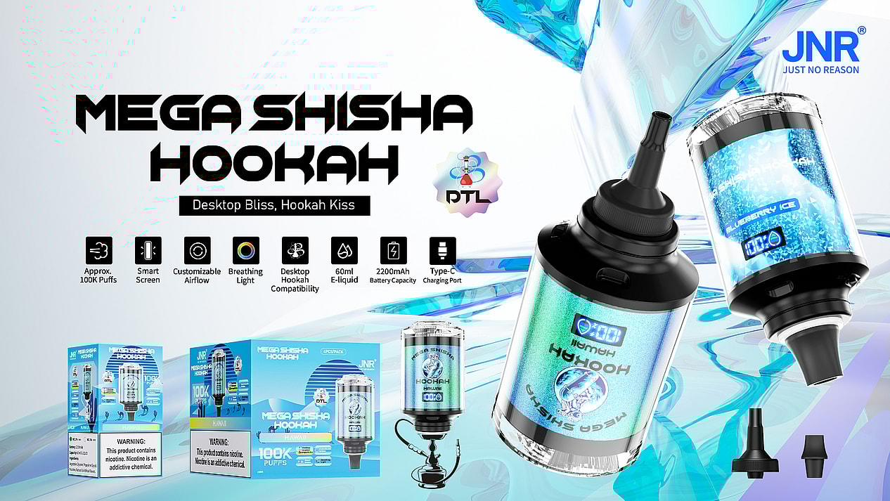"Promotional image of the JNR Mega Shisha Hookah featuring product highlights such as approximately 100K puffs, smart screen, customizable airflow, breathing light, 60ml e-liquid capacity, 2200mAh battery, and Type-C charging port, with a focus on the Blueberry Ice flavor and desktop hookah compatibility."