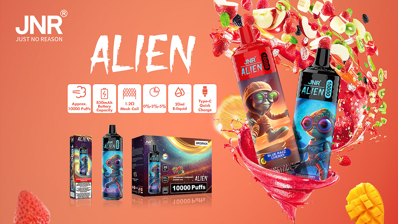 A promotional image for JNR Alien vape featuring colorful fruit designs and product details, highlighting 10,000 puffs, 850mAh battery, Type-C charging, and 20ml e-liquid capacity.