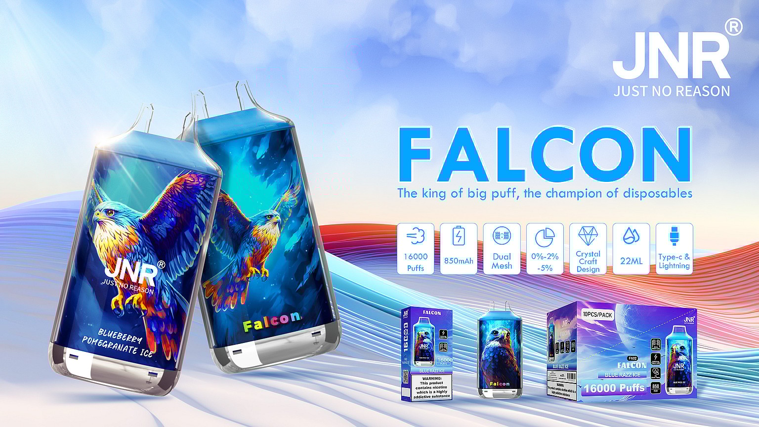 JNR Falcon Disposable Vape featuring a sleek design, offering approximately 16000 puffs, with visible dual mesh coils and Type-C charging port for enhanced performance