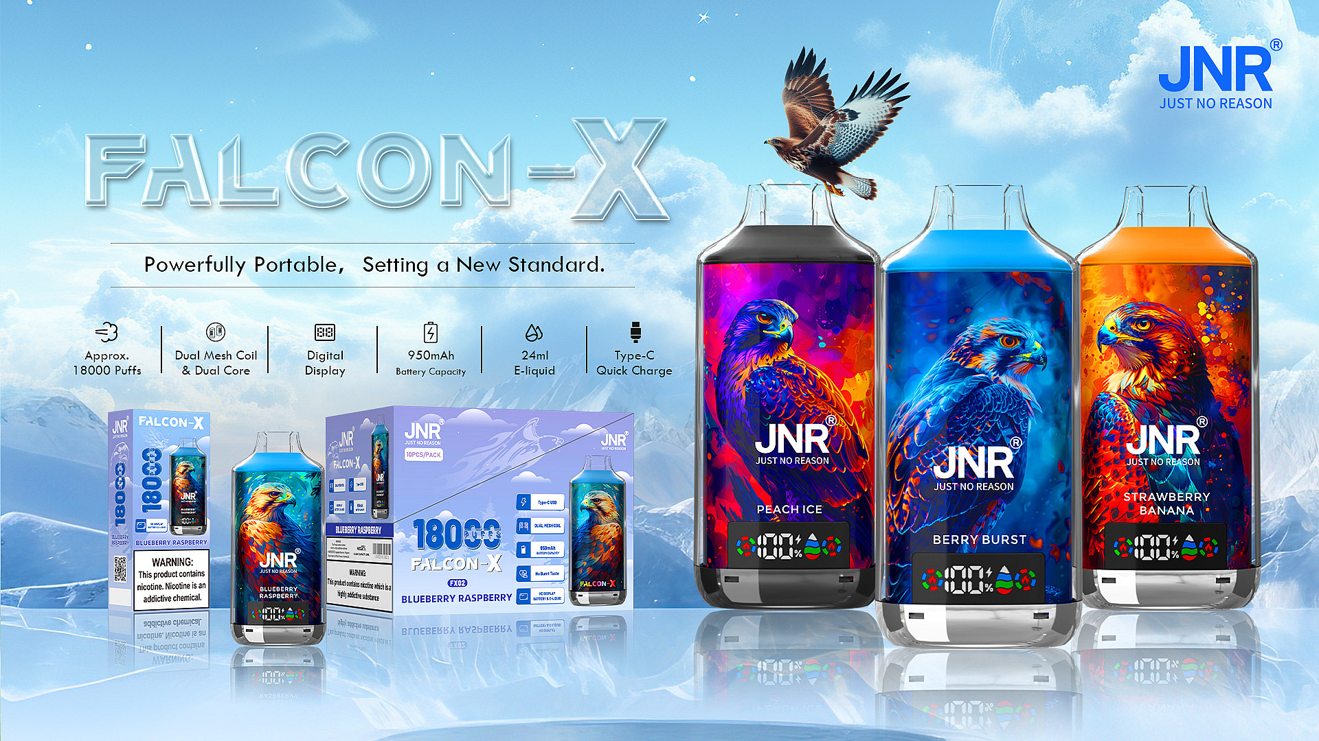 JNR® FALCON-X Einweg-Vape - Ca. 18000 Züge | Dual Mesh Coils, Digitalanzeige & Type-C Schnellladung