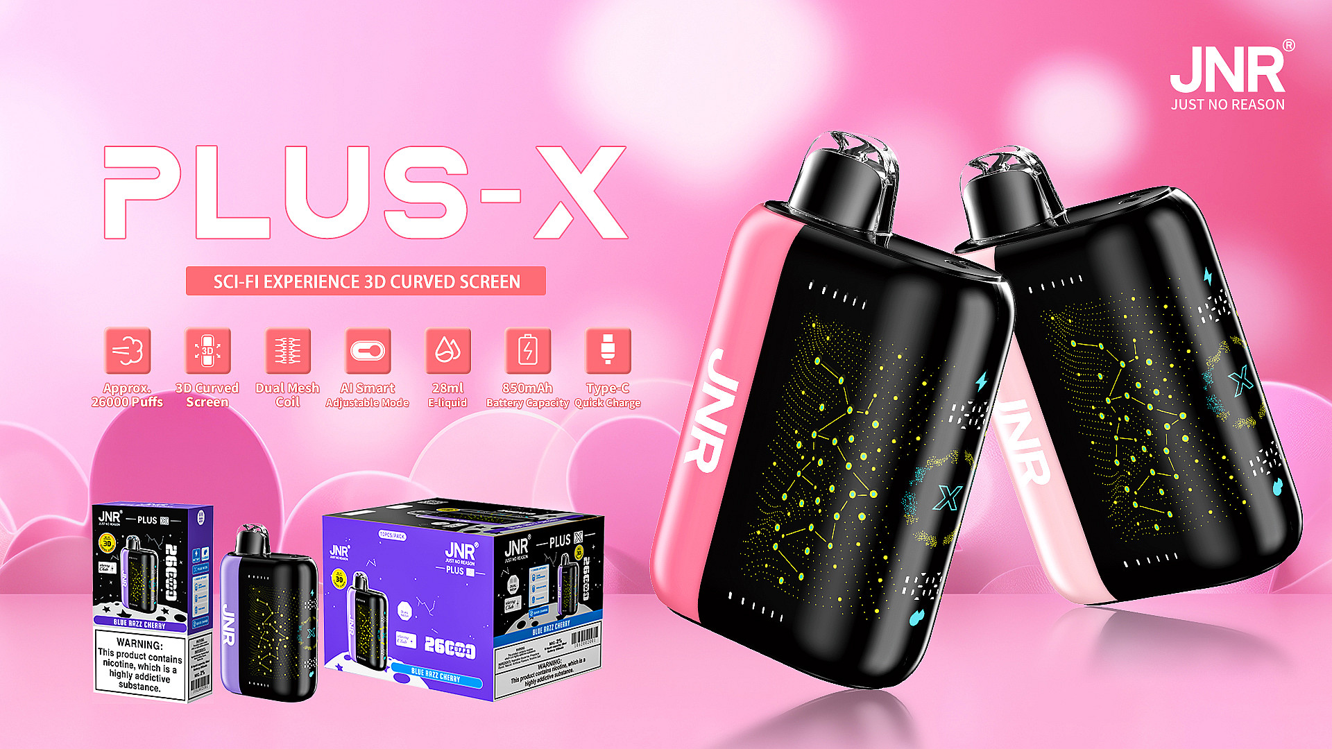 JNR® PLUS-X Disposable Vape – Approx. 26000 Puffs | Dual Mesh Coils, AI Smart Adjustable Mode & Type-C Quick Charge