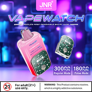 Ein Werbebild für einen abnehmbaren Smart-Vaper namens „VapeWatch“, das ein rosa Gerät mit einer digitalen Schnittstelle zeigt, auf der Zeit und Wattzahl angezeigt werden, neben einem kleineren, separaten Gerät. Der Hintergrund ist bunt mit leuchtenden Lichtern. Es gibt Warnhinweise, die darauf hinweisen, dass das Produkt nur für Erwachsene bestimmt ist und Nikotin enthält.