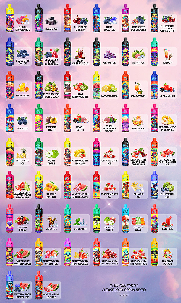 A colorful display of Alien-themed disposable vape devices with various flavors, including fruit, candy, and ice options, arranged in a grid format with vibrant packaging designs.
