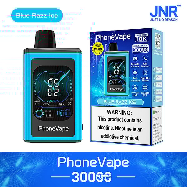 A blue vape device labeled "PhoneVape" alongside its packaging featuring the product name "Blue Razz Ice," product details, and a nicotine warning. The device has a digital display showing time and battery level. The background has a futuristic design with blue elements.