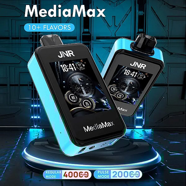 A blue and black vaping device called MediaMax, featuring a digital display that shows time and puff counts, with a futuristic background of blue lights and geometric patterns.