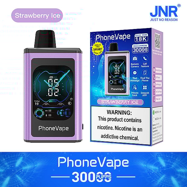 A sleek, purple vape device labeled "PhoneVape" with a digital display showing time and settings, accompanied by a colorful box featuring the text "Strawberry Ice" and a nicotine warning. The box displays various features and branding elements.