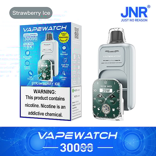A packaging design for a vaping device called "Vapewatch" with a mint green and blue color scheme. The box features a removable smartwatch-style attachment with a green display showing the wattage and battery levels. There is a warning about nicotine, and the text includes features like text messaging and remote camera.