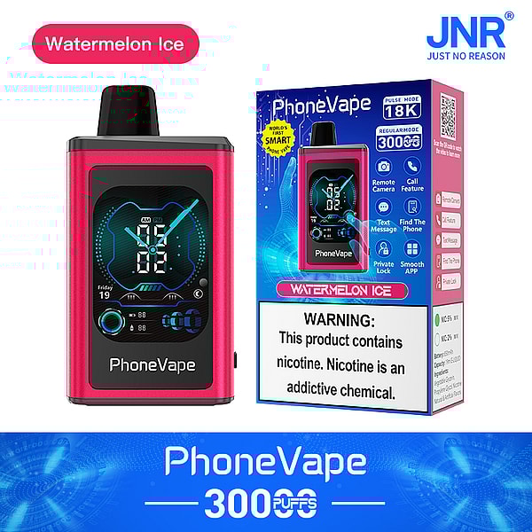 A pink vaping device labeled "PhoneVape" with a digital display showing time and battery levels, next to a blue and white box featuring the product name "Watermelon Ice" and health warnings about nicotine.