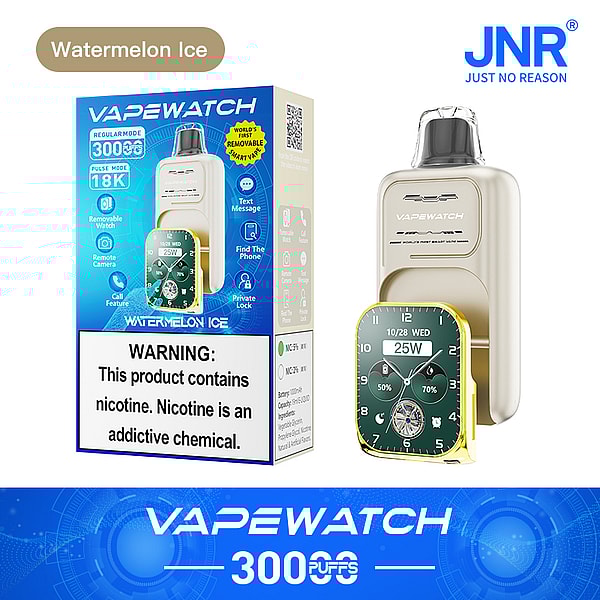 A product display for "VapeWatch" featuring a vape device with a removable watch face displaying the time and wattage, alongside a colorful box labeled "Watermelon Ice." The box includes warning text about nicotine content.
