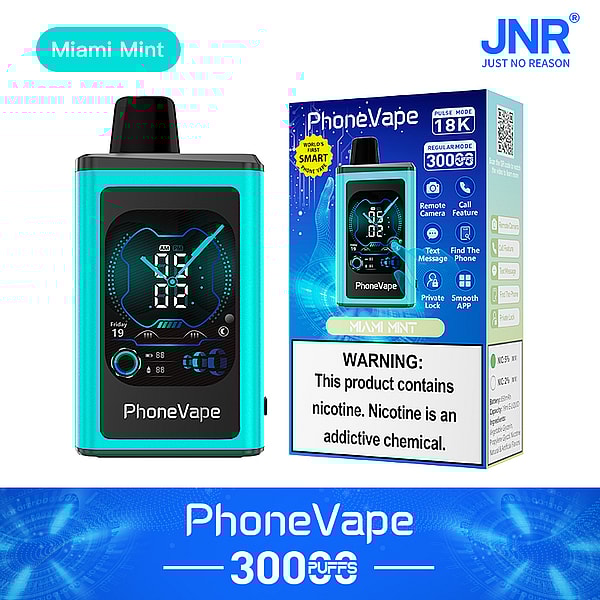 A blue and black electronic vaping device next to its packaging, labeled "Miami Mint," featuring various icons and warnings about nicotine.