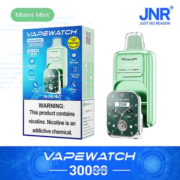 A green vaping device called "Vapewatch" is featured next to its packaging, which includes information about its features like a removable watch, text messaging, and a warning about nicotine. The box prominently displays "Miami Mint" and "3000 PUFFS."