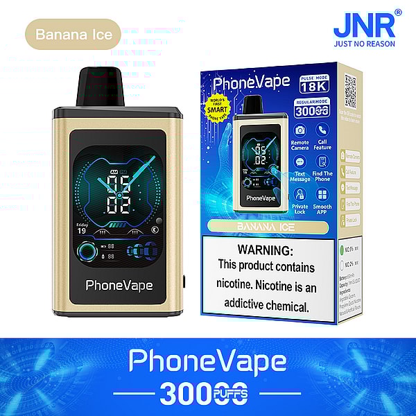 A vape device labeled "PhoneVape" in gold and black, featuring a digital display and various icons. Next to it is a blue and white box indicating it has "Banana Ice" flavor and includes a warning about nicotine. The box highlights features like remote camera and text message capabilities.