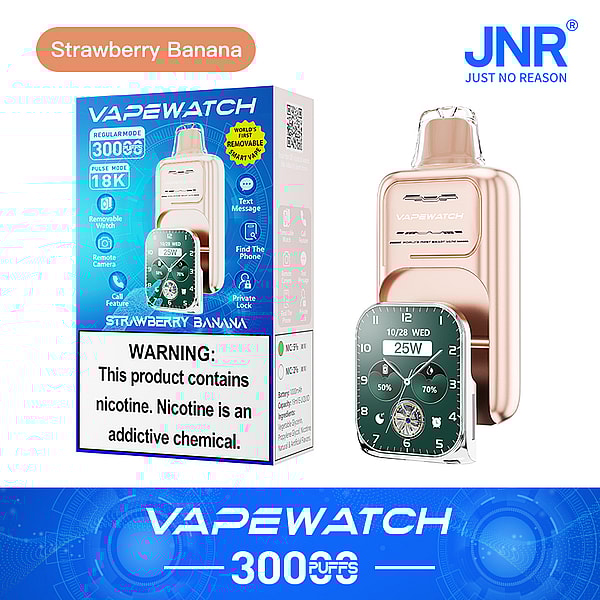 Packaging for a vaping device named "VapeWatch" with a flavor of "Strawberry Banana." It features a removable smartwatch component, displays vaping information, and includes a warning about nicotine. The design includes blue and green graphics and a prominent logo.