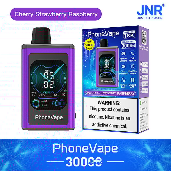 A colorful vape device in a purple casing labeled "PhoneVape" with a digital display showing time and battery information, next to the product's box featuring "Cherry Strawberry Raspberry" flavor and a warning about nicotine.