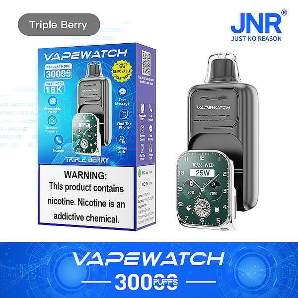 A vape device called Vapewatch with a removable watch feature, presented alongside its packaging. The box displays the product name "Triple Berry," usage warnings, and specifications like "3000 puffs" and "25W." The device is sleek and features a digital watch interface with indicators for time and battery level.