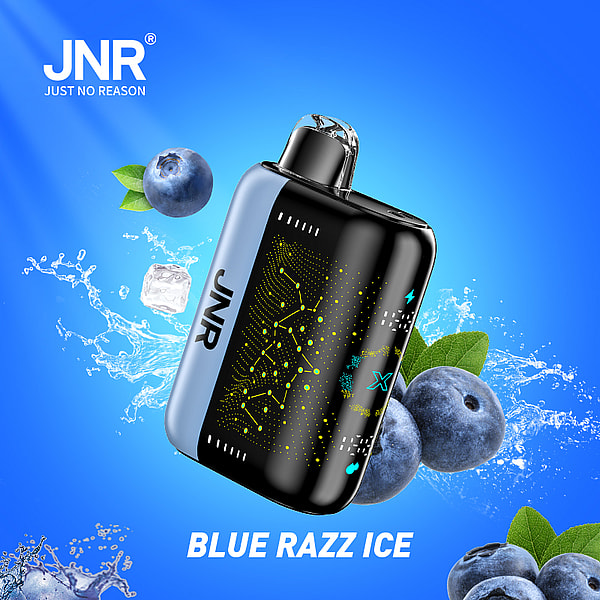 A vape device with a sleek design surrounded by blueberries, ice cubes, and water splashes, set against a bright blue background, featuring the text "BLUE RAZZ ICE."
