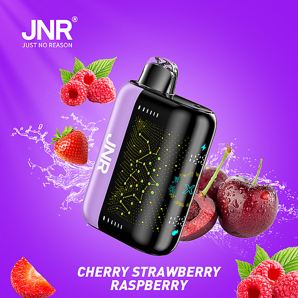 A colorful advertisement featuring a vaping device with the brand name "JNR," surrounded by splashes of cherry, strawberry, and raspberry, set against a vibrant purple background.
