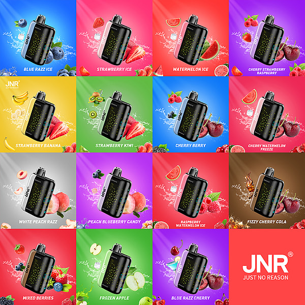 A grid of colorful vape products, each with unique flavors, including Blue Razz Ice, Strawberry Kiwi, and Fizzy Cherry Cola, set against vibrant backgrounds. The logo for "JNR" is displayed prominently in the bottom right corner.