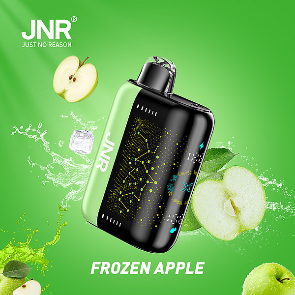A stylized electronic vaping device with a black and green design, surrounded by images of frozen apples, ice, and water splashes on a vibrant green background, labeled "FROZEN APPLE."