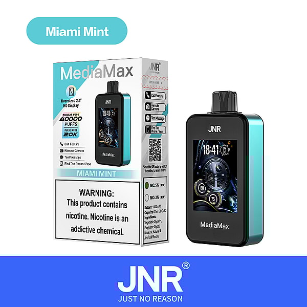 A sleek vape device with a large HD display, labeled "MediaMax Miami Mint," featuring a box design that includes usage warnings and product specifications. The device is presented in turquoise and black colors, displaying the time and battery levels on the screen.