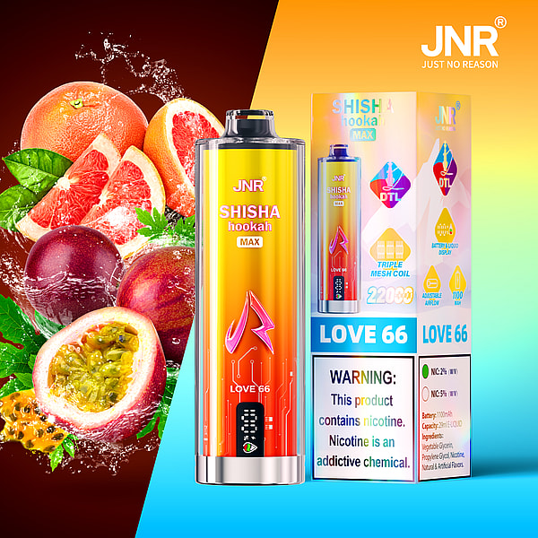 Farbenfrohes Display mit einem JNR Shisha Hookah MAX-Produkt mit der Aufschrift „LOVE 66“, umgeben von frischen Früchten wie Grapefruits, Passionsfrüchten und Pflaumen vor einem lebendigen Hintergrund. Auf der Produktverpackung sind Details wie Nikotingehalt und Batterieinformationen zu sehen.