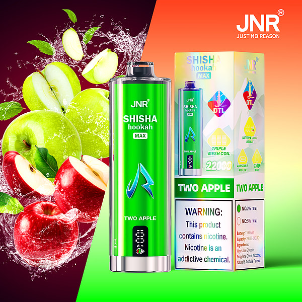 Ein grün-silbernes Shisha-Produkt mit der Aufschrift „JNR SHISHA hookah MAX“ und dem Geschmack „TWO APPLE“, daneben Bilder von frischen grünen und roten Äpfeln, die im Wasser planschen, mit Verpackungsdetails und einer Warnung zum Nikotingehalt.