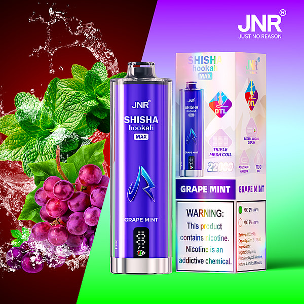 Eine Werbung für JNR Shisha Hookah Max mit Traubenminzgeschmack, die neben der Produktverpackung eine Flasche mit Minzblättern und Trauben mit einem bunten Hintergrund und einem Warnhinweis zu Nikotin zeigt.