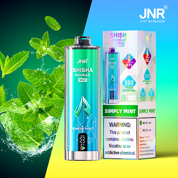 Eine Produktpräsentation mit einem „JNR SHISHA Hookah MAX“-Gerät in leuchtendem Türkisdesign, umgeben von frischen Minzblättern, mit einer Verpackungsschachtel, die seine Funktionen hervorhebt, darunter den „Simply Mint“-Geschmack und Nikotinwarnungen.