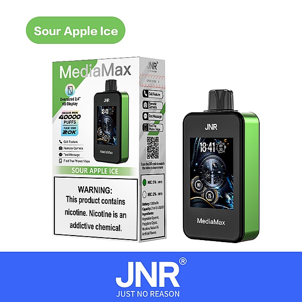 A product box for a device named "MediaMax" with a green and black design, featuring an oversized 2.4-inch HD display. The packaging includes the flavor "Sour Apple Ice," a warning about nicotine, and details about its features, capacity, and battery. The brand logo "JNR" is prominently displayed at the bottom.