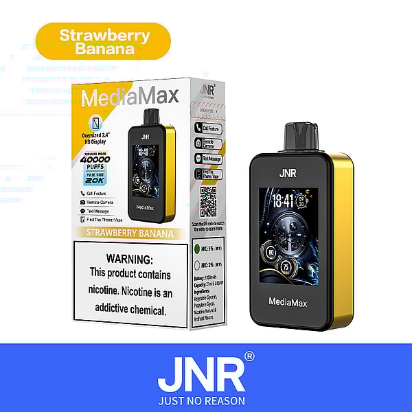 A vape device labeled "MediaMax" with a yellow and black design, displaying a digital screen showing time and battery levels, alongside packaging that includes product details and a warning about nicotine. The flavor is noted as "Strawberry Banana."