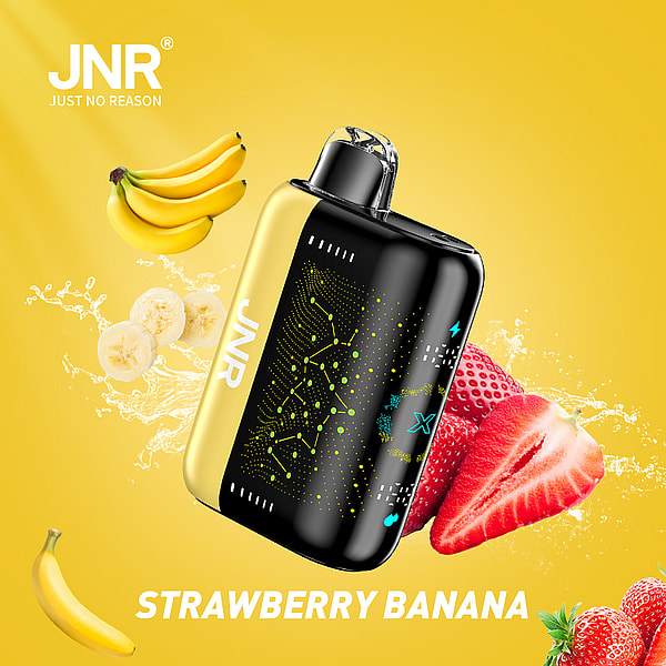 A colorful graphic featuring a vape device with the label "JNR" and a flavor description "STRAWBERRY BANANA," surrounded by strawberries and bananas, against a bright yellow background.