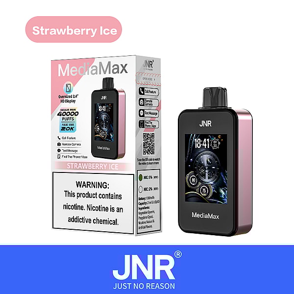 A sleek vaping device called MediaMax in a pink and black design, displayed next to its packaging that features information and warnings about the product. The screen shows a digital clock and gauge indicators. The text "Strawberry Ice" is prominent on the packaging and a warning about nicotine is included. The logo "JNR" is at the bottom.