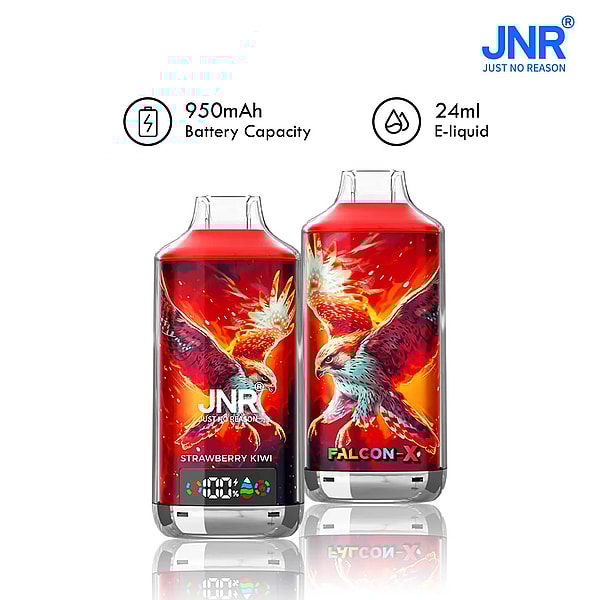 Ein Werbebild eines Vaping-Geräts mit einem lebendigen Design mit Abbildungen bunter Adler. Das Gerät trägt die Bezeichnung „JNR“ mit den Geschmacksrichtungen „Strawberry Kiwi“ und „Falcon-X“. Es zeigt Spezifikationen, darunter eine Akkukapazität von 950 mAh und 24 ml E-Liquid.