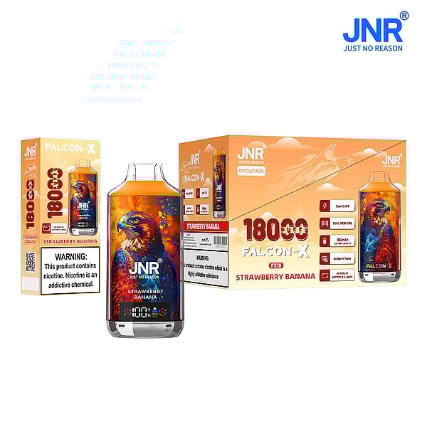 Eine Produktpräsentation mit einer Flasche JNR Falcon-X E-Liquid mit Erdbeer-Bananen-Geschmack, begleitet von einer Kartonverpackung. Das Bild zeigt ein lebendiges Vogelmotiv auf der Flasche und Produktdetails mit Spezifikationen wie 18.000 Zügen, USB-C-Aufladung und einer Warnung vor Nikotin.