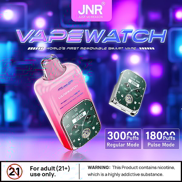 A promotional image for a removable smart vape called "VapeWatch," featuring a pink device with a digital interface displaying the time and wattage, alongside a smaller, separate device. The background is colorful with glowing lights. There are warnings indicating the product is for adults only and contains nicotine.