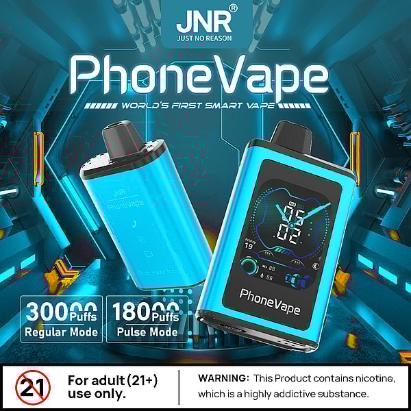 A promotional image for a product called "PhoneVape," featuring a blue vaping device on the left and a digital display unit on the right, with text indicating it offers 3000 puffs in regular mode and 1800 puffs in pulse mode. Warning labels about age restrictions and nicotine addiction are also included. The background has a futuristic design.