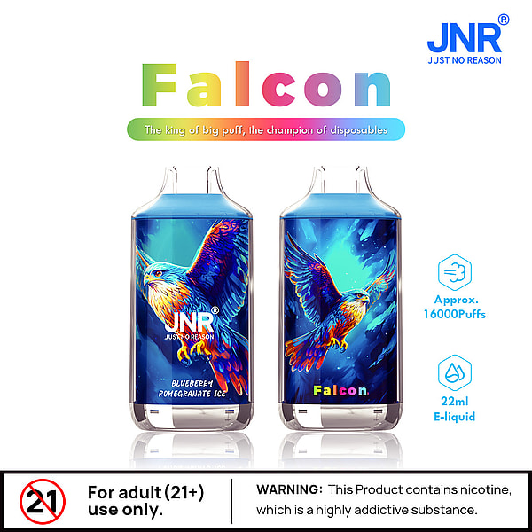 A promotional image featuring a vaping product called "Falcon" by JNR. The design displays two colorful e-liquid pods, each adorned with illustrations of a falcon and featuring vibrant blue hues. Text highlights the flavor as "Blueberry Pomegranate Ice," along with product details like "Approx. 16000 Puffs" and "22ml E-liquid." Warning labels indicate the product is for adults only and contains nicotine.