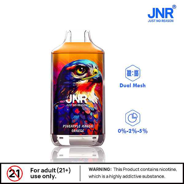 A colorful vape product featuring an artistic depiction of a hawk on the front, labeled "Pineapple Mango Orange." The product indicates it uses dual mesh technology and comes in nicotine levels of 0%, 2%, and 5%. The image includes a warning for adult use only.