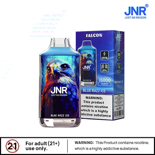 A vape device with a colorful eagle design on the front, labeled "BLUE RAZZ ICE," alongside a blue and white box with product details and warning labels about nicotine.