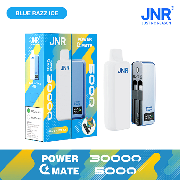 Blue Razz Ice JNR Power Mate vape device and packaging, featuring 30,000 puffs, 5000mAh battery, nicotine options, and a compact design with replaceable cartridges.
