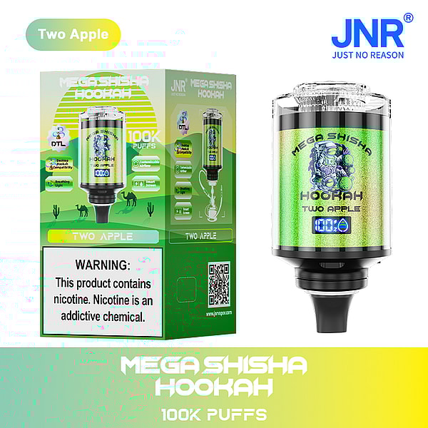 Packaging and device of Mega Shisha Hookah Two Apple flavor with 100K puffs, featuring a warning label about nicotine being an addictive chemical.