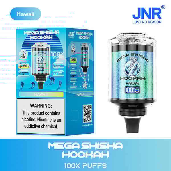 A "Mega Shisha Hookah" vaping device with 100,000 puffs, labeled "Hawaii," displayed alongside its packaging, featuring a warning about nicotine addiction and product features.