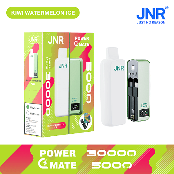 Packaging and product image of JNR Power Mate Kiwi Watermelon Ice disposable vape, featuring 30,000 puffs, 5000mAh battery, and dual cartridge design.